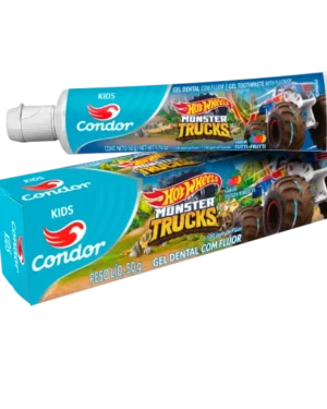Gel Dental Hot Wheels Monster Truck Kids con flúor sabor tutti frutti.